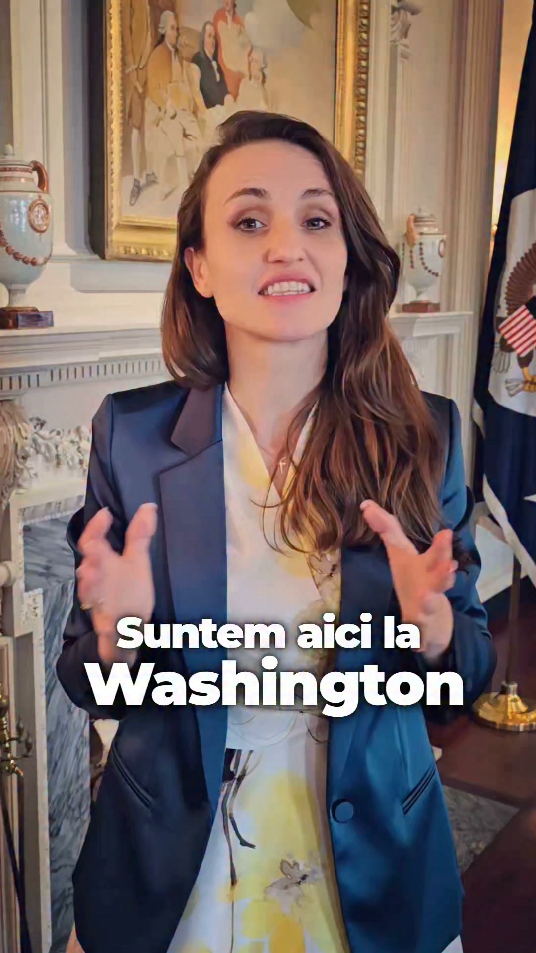 Außenministerin Oana Țoiu in einem in Washington aufgenommenen Video, mit der Einblendung "Wir sind hier in Washington"