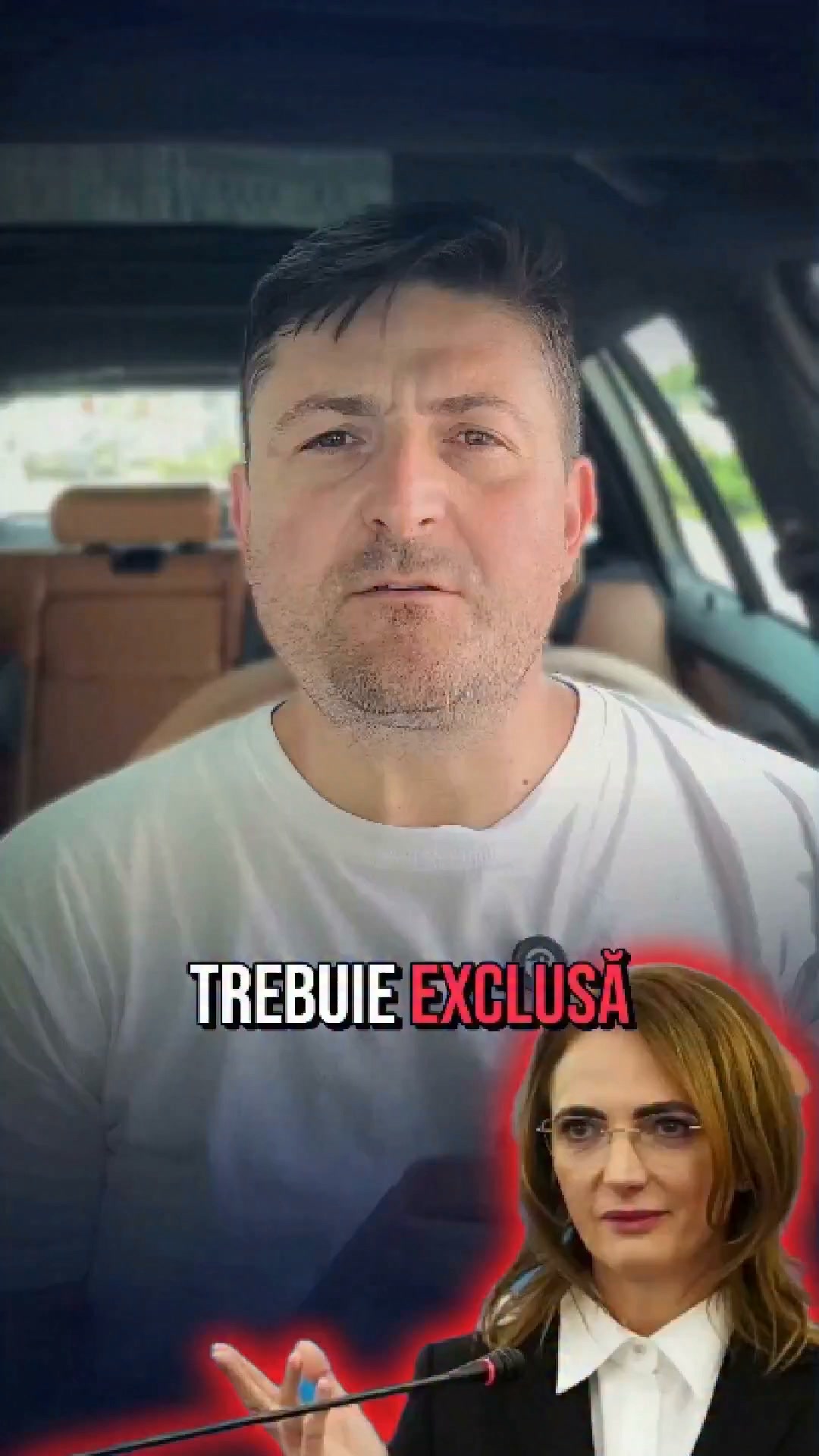 USR-Abgeordneter Alexandru Dimitriu, im Auto gefilmt, mit eingeblendetem Text TREBUIE EXCLUSĂ (muss ausgeschlossen werden) und einem Foto von Lia Savonea, Präsidentin des Obersten Kassations- und Gerichtshofs