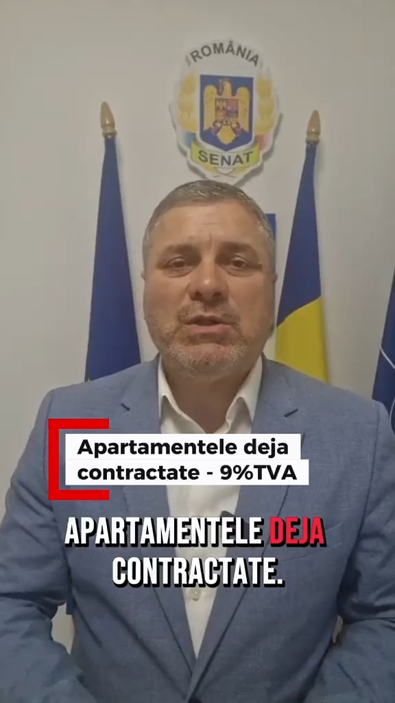 Un senator USR vorbește despre păstrarea TVA de 9% pentru apartamentele deja contractate, cu textul suprapus pe imagine.