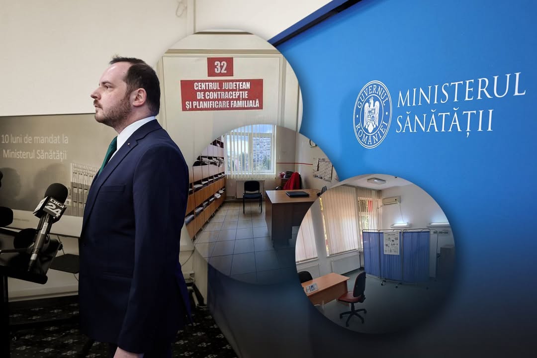 Ministrul Sănătății, Alexandru Rogobete, la o conferință de presă, cu imagini din interiorul unui cabinet județean de contracepție și planificare familială și sigla Ministerului Sănătății